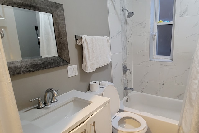 full bathroom featuring vanity, shower / bath combination with curtain, and toilet