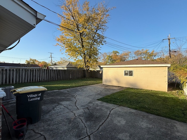 view of patio with cooling unit and an outdoor structure