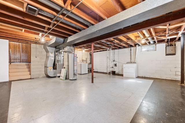 basement with heating unit, electric panel, washer / clothes dryer, and water heater