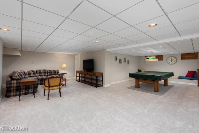 recreation room featuring light carpet and billiards