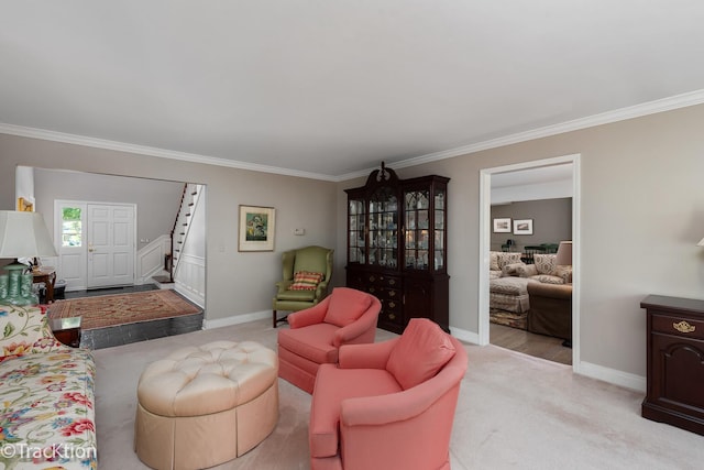 living room featuring light colored carpet and crown molding