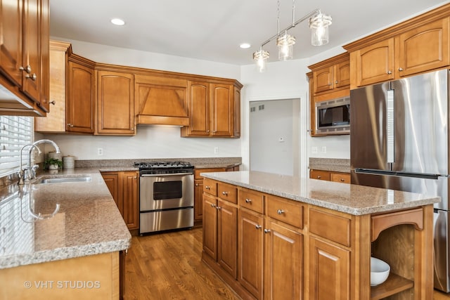 kitchen featuring pendant lighting, a center island, premium range hood, sink, and appliances with stainless steel finishes