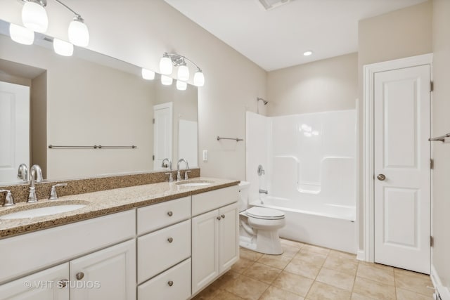 full bathroom featuring shower / bathing tub combination, vanity, toilet, and tile patterned flooring