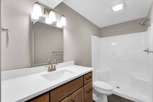 bathroom with a shower, vanity, and toilet