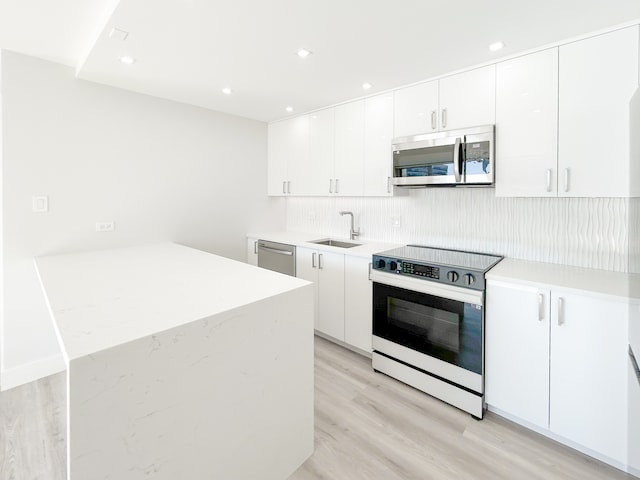 kitchen with white cabinetry, sink, decorative backsplash, appliances with stainless steel finishes, and light wood-type flooring