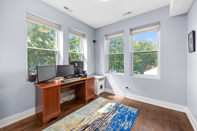 office area with a wealth of natural light and dark wood-type flooring