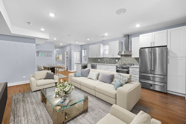 living room with wood-type flooring and sink