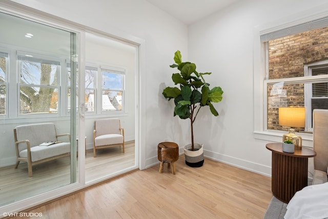 living area with light hardwood / wood-style flooring