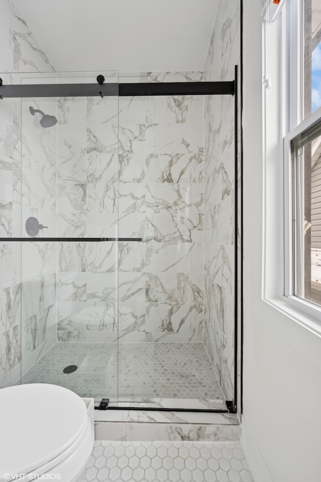 bathroom featuring plenty of natural light, toilet, and a shower with door