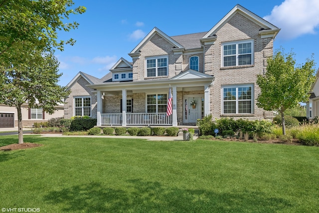 view of front facade featuring covered porch and a front yard