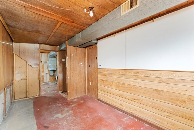 empty room featuring wood ceiling, wooden walls, and concrete floors