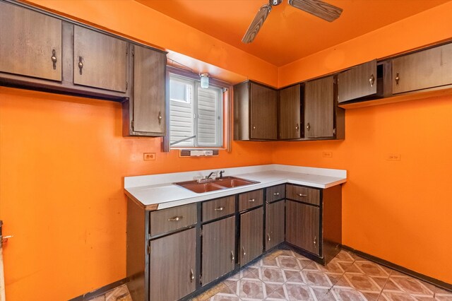 kitchen with dark brown cabinets, ceiling fan, and sink