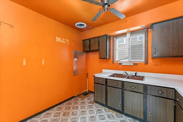 kitchen featuring dark brown cabinetry, ceiling fan, and sink