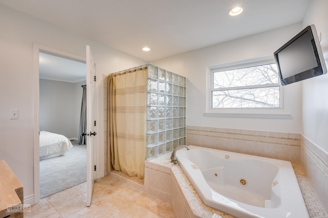 bathroom featuring shower with separate bathtub and tile patterned floors