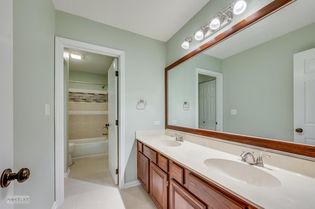 full bathroom with vanity, toilet, tile patterned floors, and tiled shower / bath