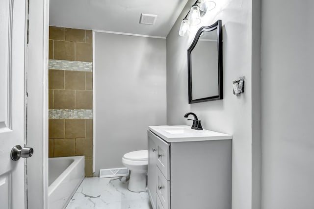 bathroom featuring visible vents, marble finish floor, toilet, and vanity