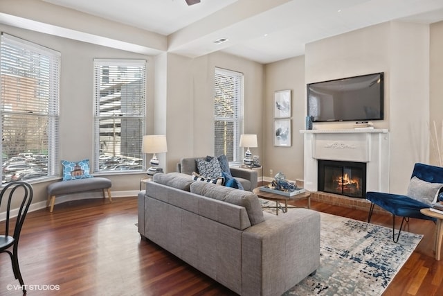 living room with dark hardwood / wood-style floors