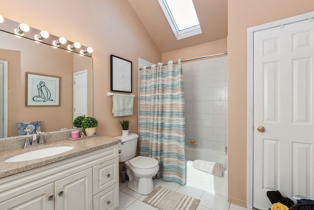 full bathroom with vanity, lofted ceiling, shower / bath combination with curtain, tile patterned flooring, and toilet