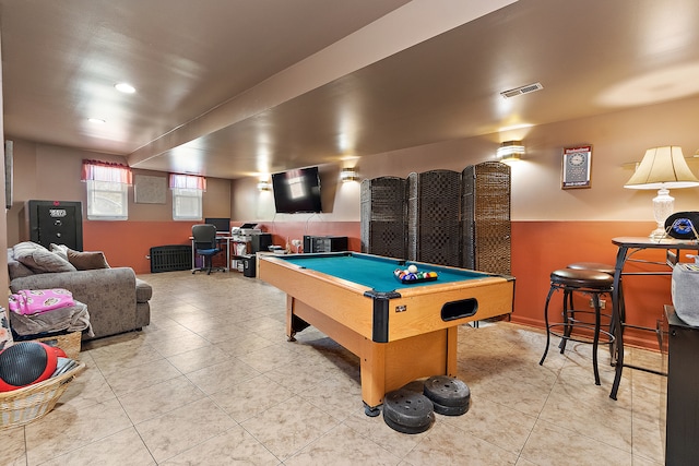 playroom with light tile patterned floors and pool table