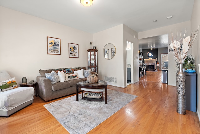 living room featuring a fireplace and light hardwood / wood-style flooring