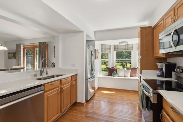 kitchen featuring sink, plenty of natural light, light hardwood / wood-style flooring, and appliances with stainless steel finishes