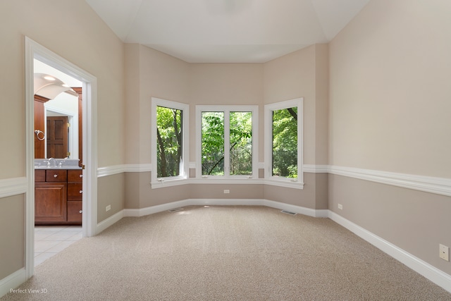 unfurnished room featuring light carpet and sink