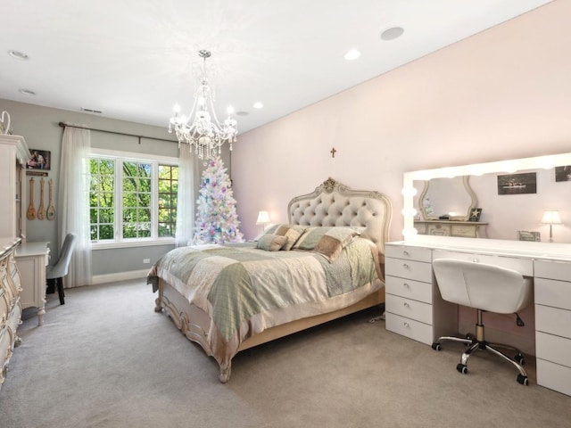 bedroom featuring recessed lighting, light carpet, a notable chandelier, and baseboards