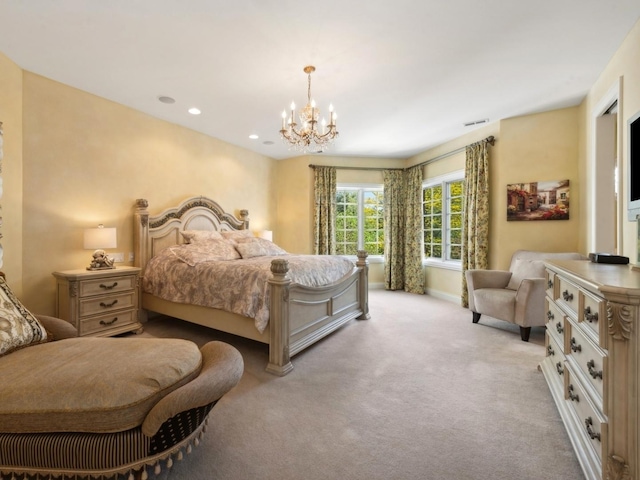 bedroom with light carpet, baseboards, visible vents, a notable chandelier, and recessed lighting