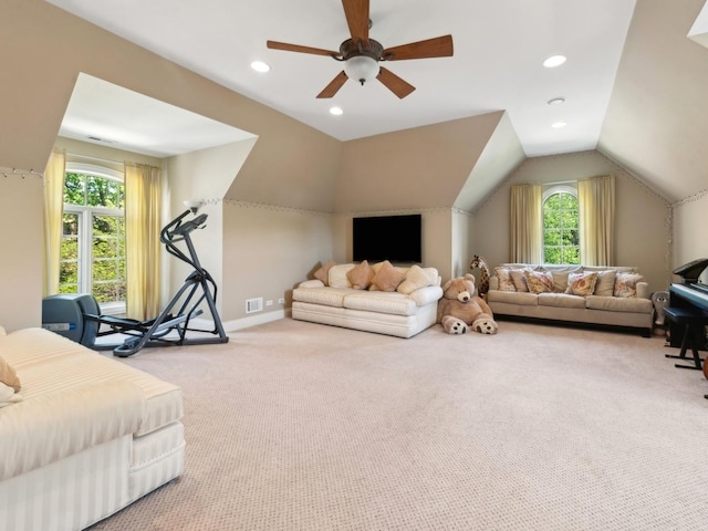 carpeted bedroom with lofted ceiling, recessed lighting, a ceiling fan, baseboards, and visible vents