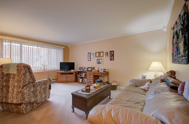 carpeted living room with ornamental molding