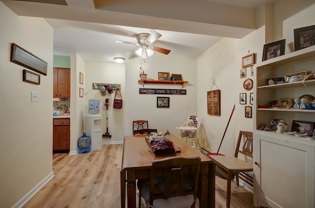 dining space with light hardwood / wood-style flooring and ceiling fan