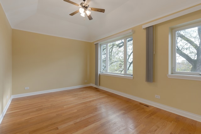 unfurnished room with a raised ceiling, light hardwood / wood-style flooring, ceiling fan, and a healthy amount of sunlight