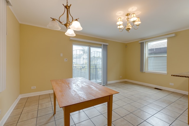 unfurnished dining area with light tile patterned floors, crown molding, and an inviting chandelier