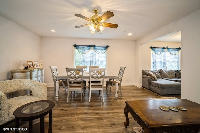 dining area featuring dark hardwood / wood-style flooring, ceiling fan, and plenty of natural light