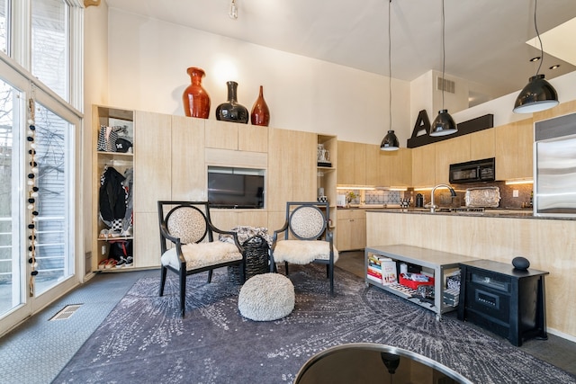 interior space featuring a high ceiling, a wealth of natural light, and sink