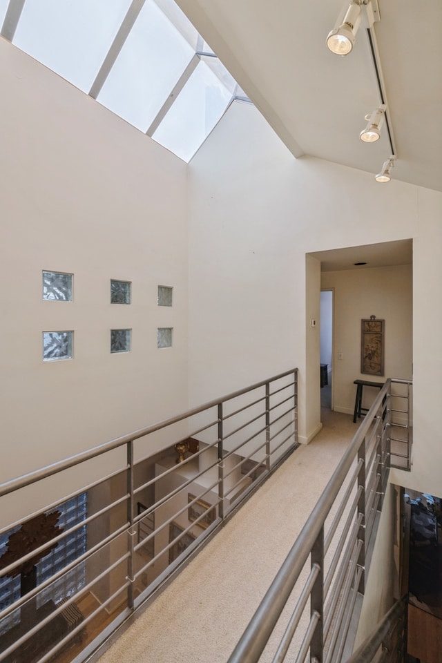 hallway featuring carpet flooring, a high ceiling, and a skylight