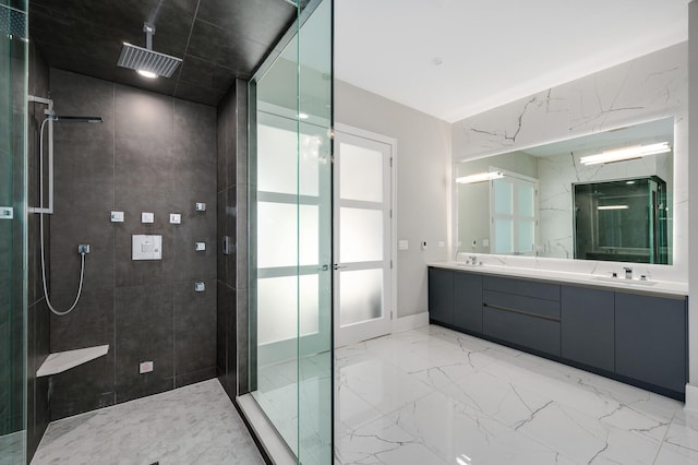 bathroom with vanity and walk in shower