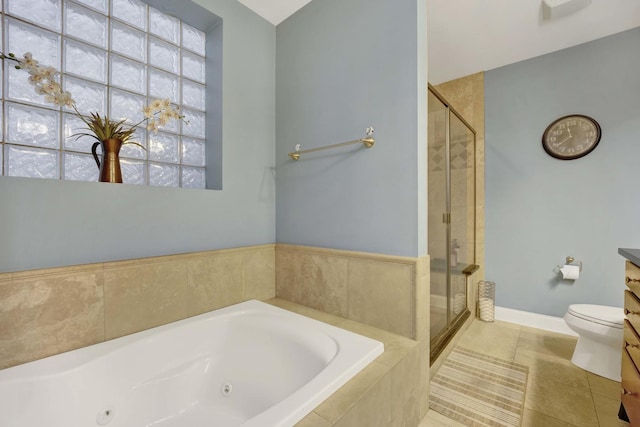 full bathroom featuring tile patterned flooring, vanity, toilet, and independent shower and bath