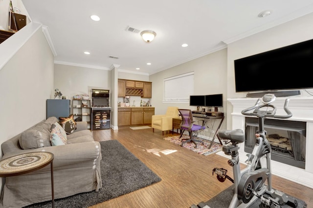 living room with light hardwood / wood-style floors and crown molding