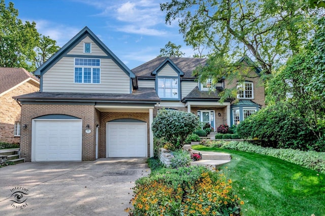 view of front of home featuring a garage, brick siding, and driveway