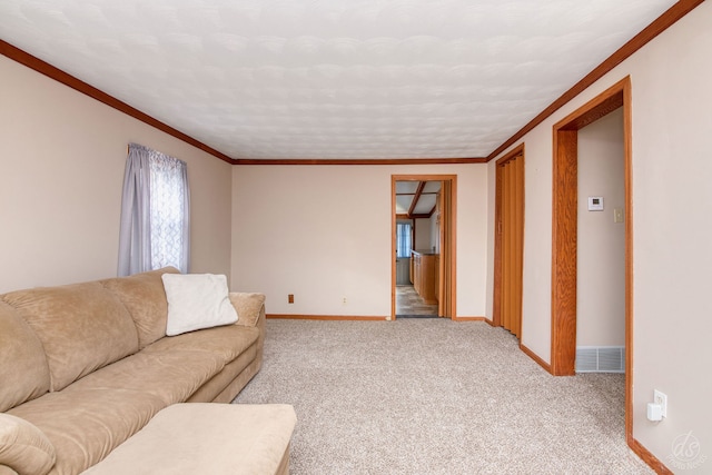 living room featuring light colored carpet and ornamental molding