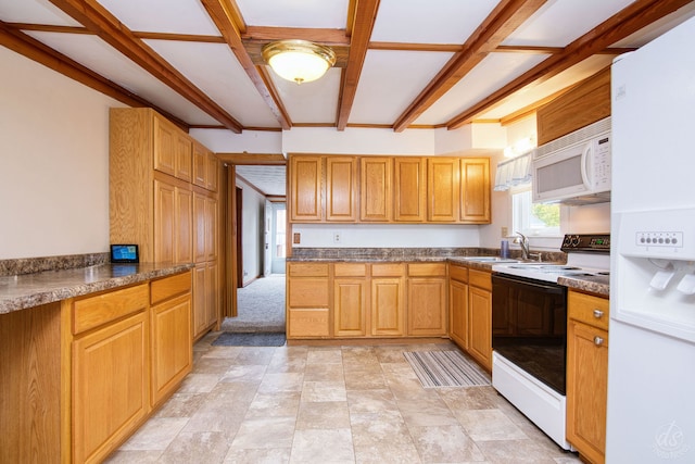 kitchen featuring beam ceiling, white appliances, light colored carpet, and sink