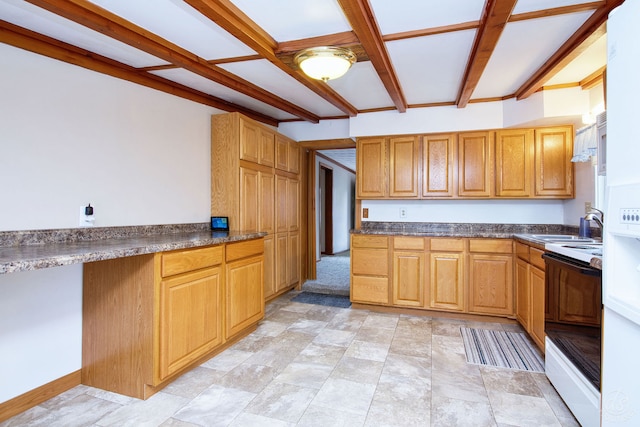 kitchen featuring beamed ceiling, sink, and white electric stove