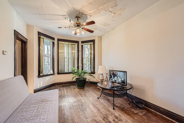 living area with ceiling fan and wood-type flooring