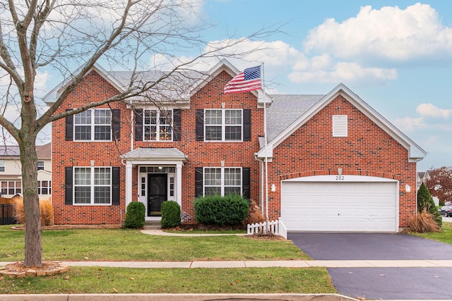 view of front of house featuring a garage and a front lawn