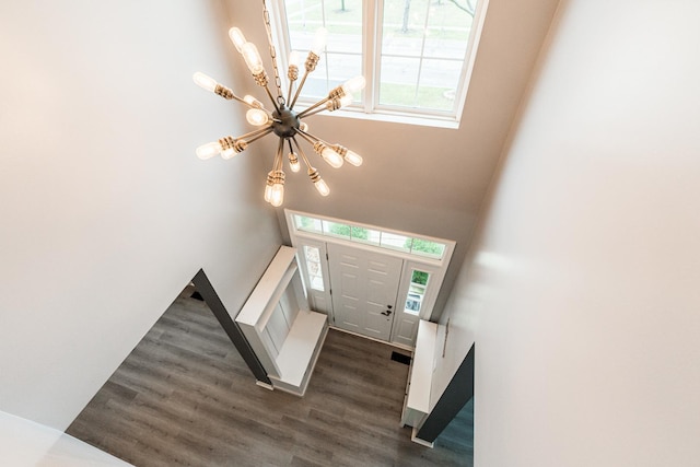 entrance foyer with a notable chandelier and dark hardwood / wood-style flooring