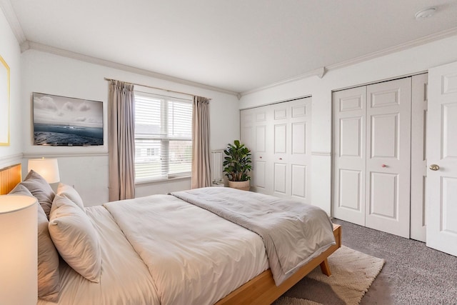 bedroom with dark carpet, ornamental molding, and multiple closets