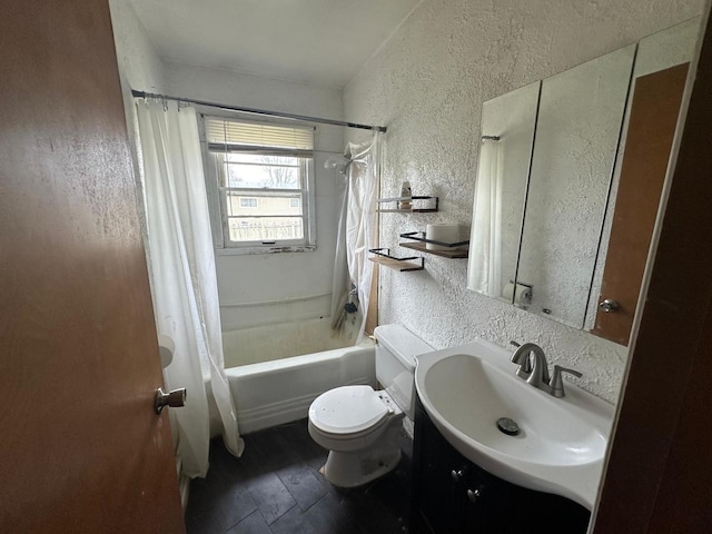 full bathroom with vanity, shower / bath combination with curtain, and toilet