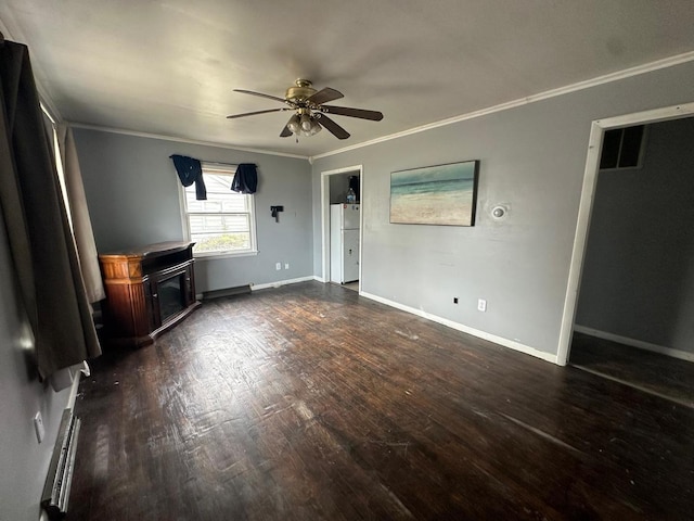 unfurnished living room with ceiling fan, dark hardwood / wood-style flooring, and ornamental molding