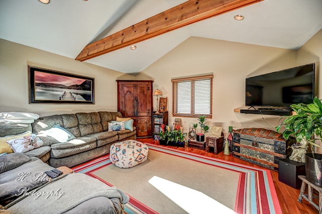 living room with vaulted ceiling with beams and wood-type flooring